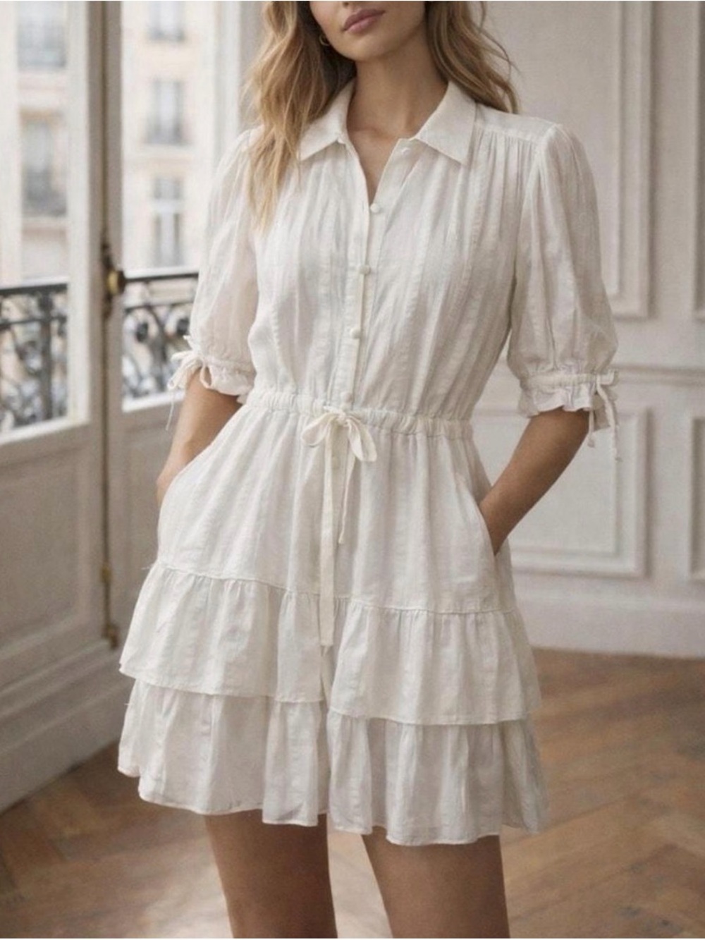 PAIGE White Tiered Ruffle Button-Front Mini Dress